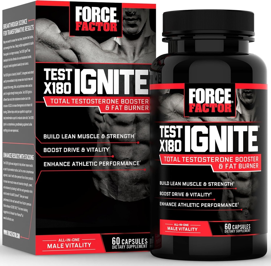 FORCE FACTOR Test X180 Ignite Total Testostérone Booster pour hommes avec graines de fénugreek et extrait de thé vert pour construire le muscle maigre, stimuler l'énergie et améliorer la performance, 60 comte