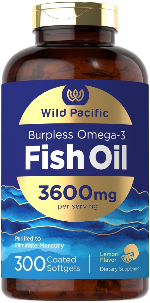 Carlyle Huile de poisson sans Burpless 3600 mg de softgels 300 avec acides gras oméga-3 de citron, supplément sans gluten par Wild Pacific