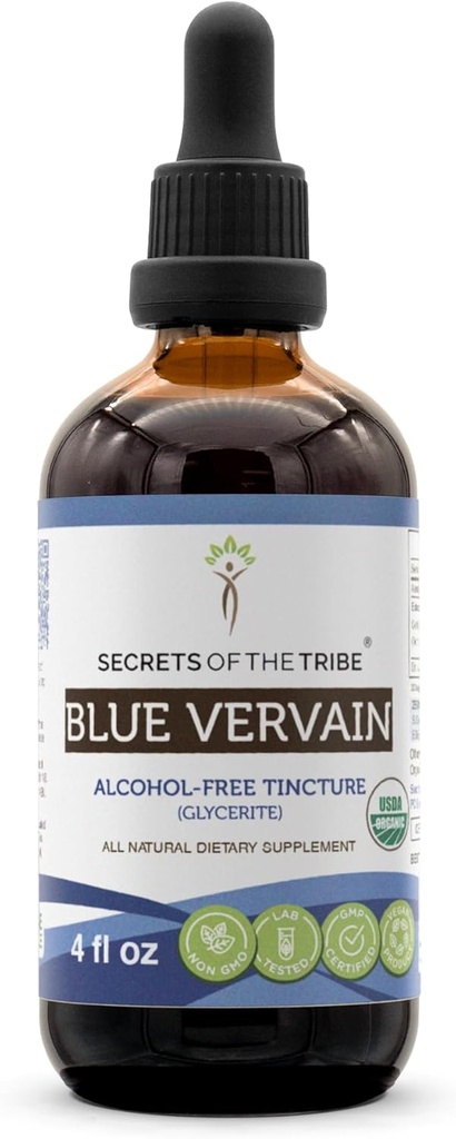 Secrets de la Tribe Blue Vervain USDA Organic (Hastata) Extrait sans alcool, gouttes d'herbes à haute puissance.