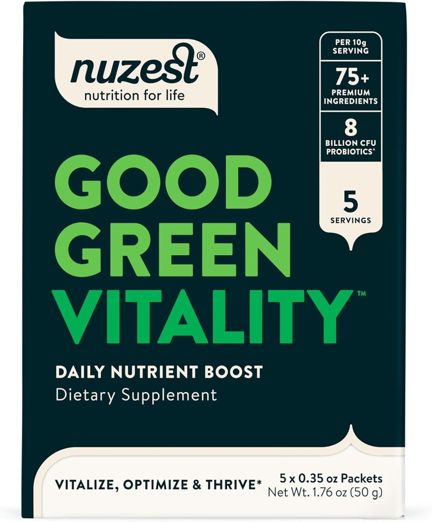 Poudre Nuzest Greens Bonne vitalité verte – Vitamines, minéraux et superaliments – Supplément multivitamine végétalien 10g (paquet de 5)