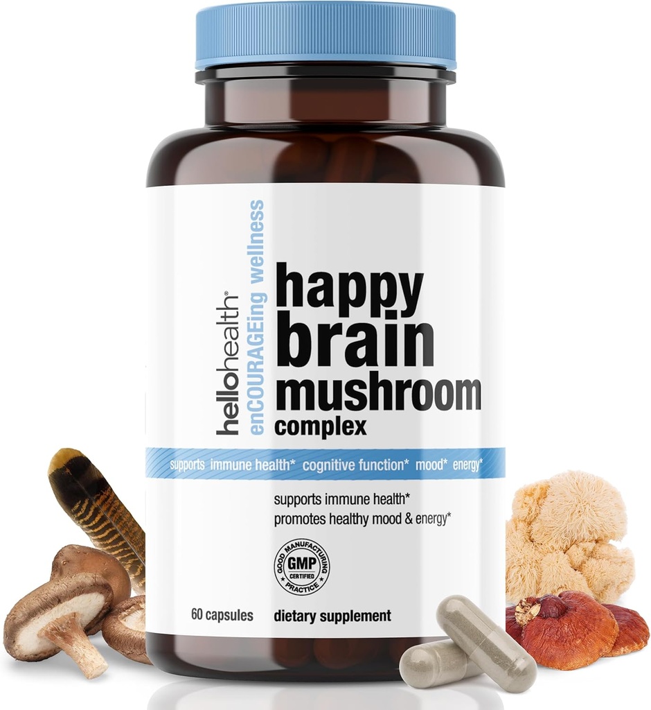 Happy Brain Mushroom Complex Nootropics Cerveau Support Supplément, 10 Champignons Supplément: Lions Mane, Turquie Tail, Red Reishi, Shiitake Mushrooms pour l'amélioration de la clarté, l'énergie, Immune Support 60ct. 4pk