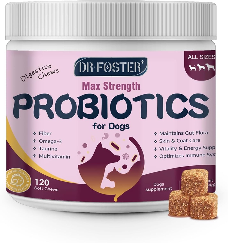 Probiotics for Dogs - Dog Probiotics for Digestive Health, Prebiotic, Digestive Enzymes for Dogs with Pumpkin, Omega-3, Support Gut, Immune, Diarrhea, 120 Soft Chews