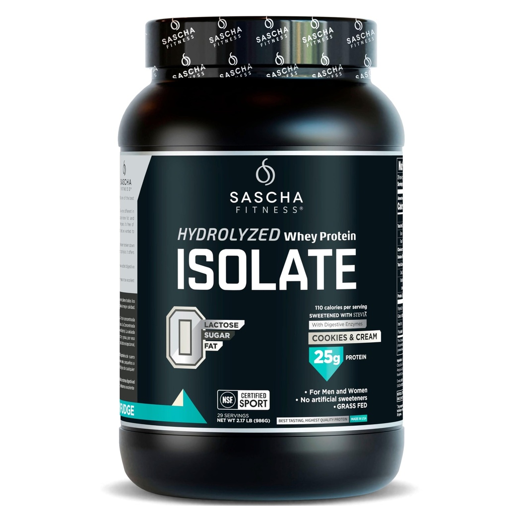 SASCHA FITNESS Isolé hydrolysé de protéines de lactosérum, 100 % gazonné (2 livres, biscuits et crème)