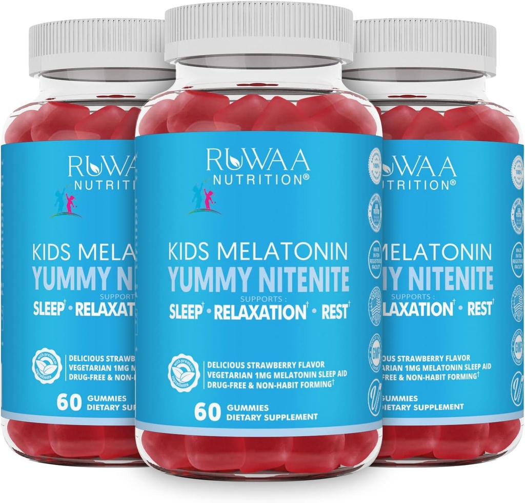 Melatonin 1mg Gummies pour les enfants, un supplément d'aide au sommeil naturel sans drogue et efficace pour les enfants. Enfants 1mg Mélatonine Gummy, Végétarien sans gluten produits de sommeil repos pour les enfants de 4 ans et plus. 180ct (3)