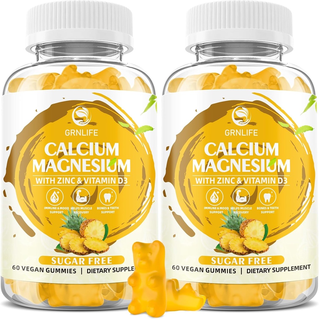 Gommies de magnésium de calcium avec vitamine D3, Gommies de calcium sans sucre pour les femmes hommes, Magnésium de haute puissance pour les os et les muscles et la santé immunitaire, ananas Saveur - 120 Comte