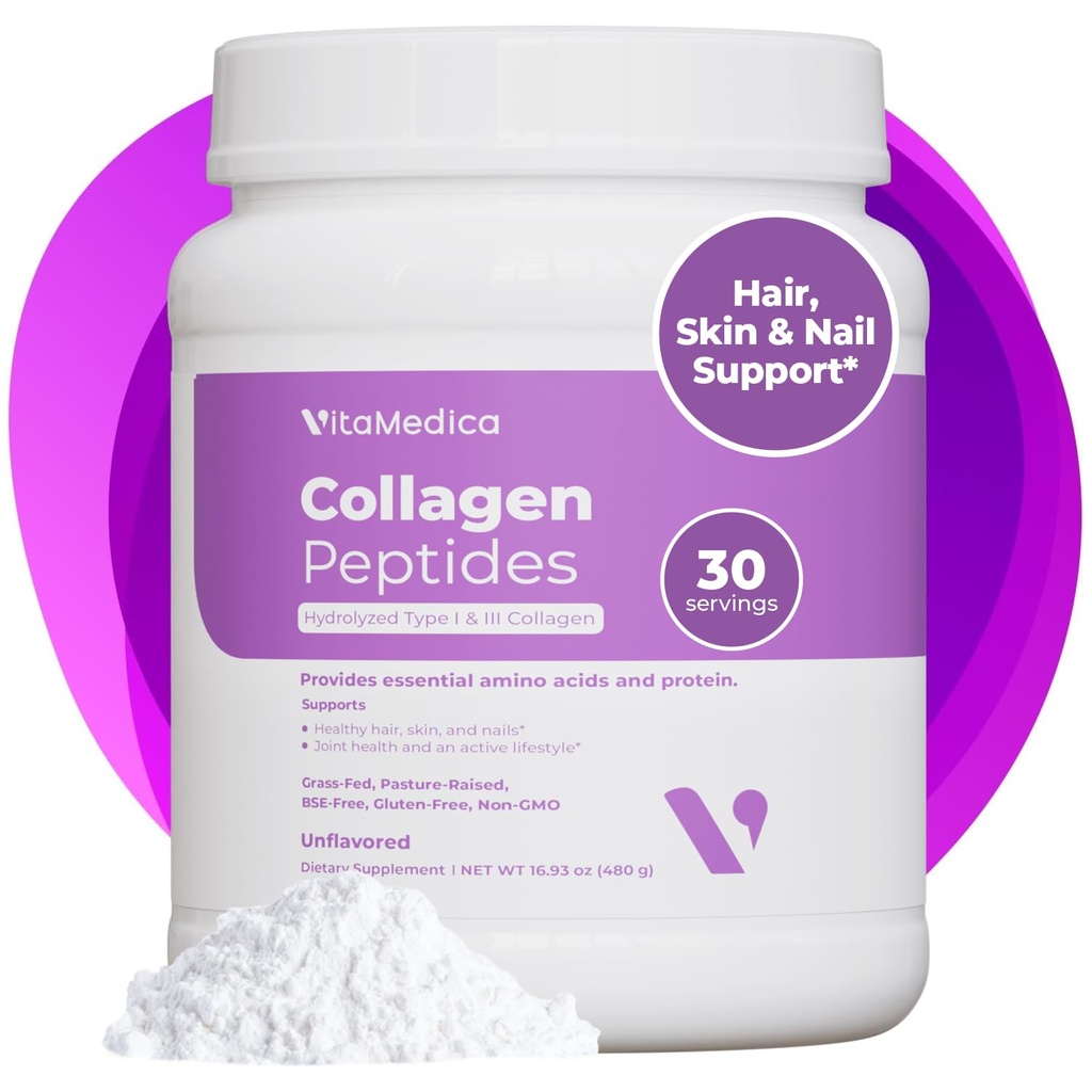 VitaMedica Collagen Peptides Poudre pour les femmes et les hommes - Cheveux sains, peau, ongles, os et articulations - Hydrolysed Types I & III, Protéines aux pâturages, Zéro sucre - 30 portions