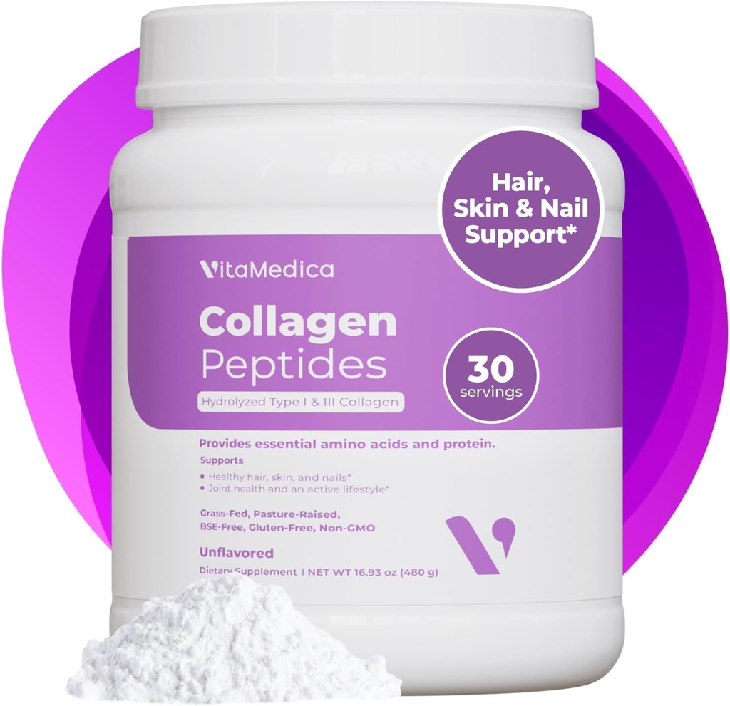 VitaMedica Collagen Peptides Poudre pour les femmes et les hommes - Cheveux sains, peau, ongles, os et articulations - Hydrolysed Types I & III, Protéines aux pâturages, Zéro sucre - 30 portions