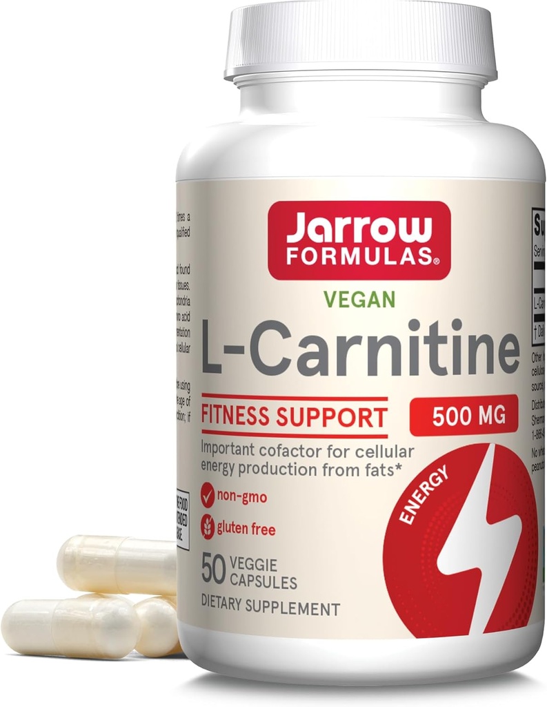 Jarrow Formulas® L-Carnitine 500 mg, complément alimentaire, soutien à la production d'énergie cellulaire, 50 capsules de légumes, 50 jours d'approvisionnement