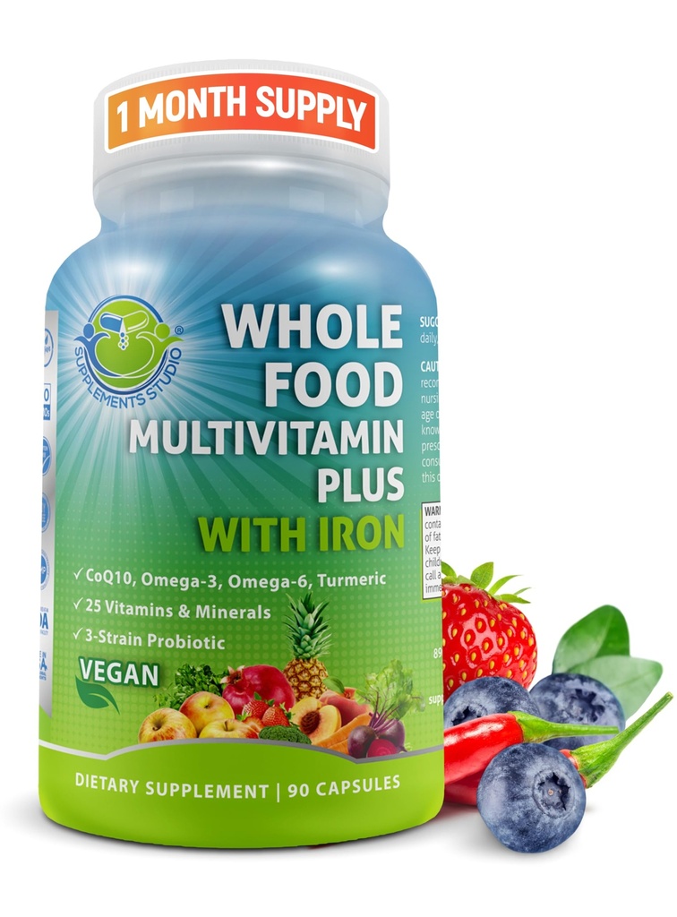 Multivitamine quotidienne de la nourriture entière végane avec fer, multivitamine méthylée pour les femmes et les hommes, faite avec des fruits et légumes, complexe B, probiotiques, enzymes, CoQ10, Omégas, curcuma, non-OGM, 90 Compte