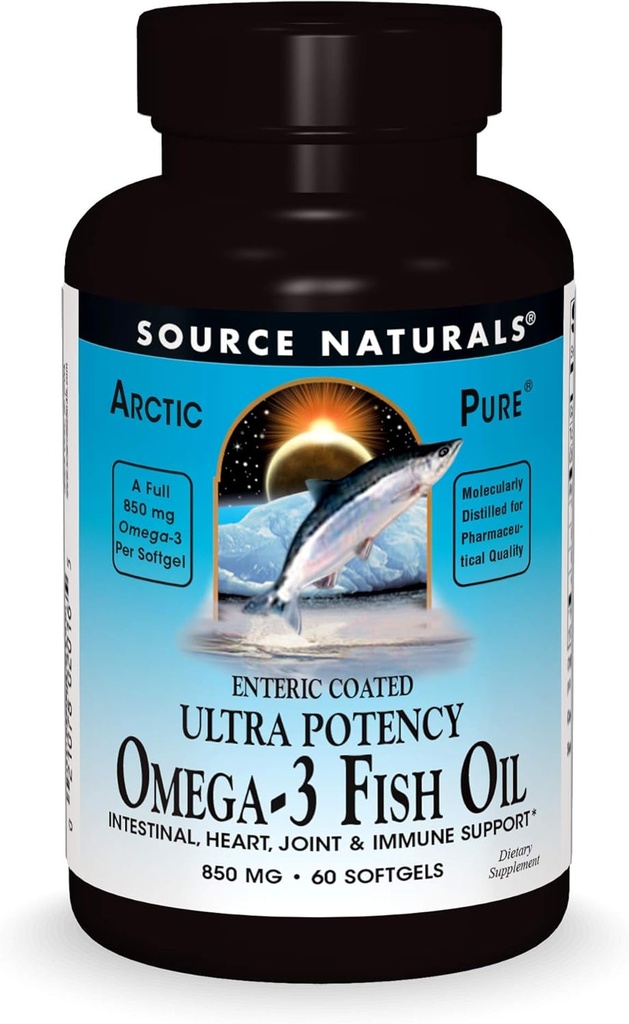 Source Naturals ArcticPure Omega-3 Huile de poisson 850mg Ultra Potency EPA + DHA Pour la santé du coeur, des articulations, du cerveau et des immunes - Revêtement entérique pour les estomacs sensibles - 60 Softgels