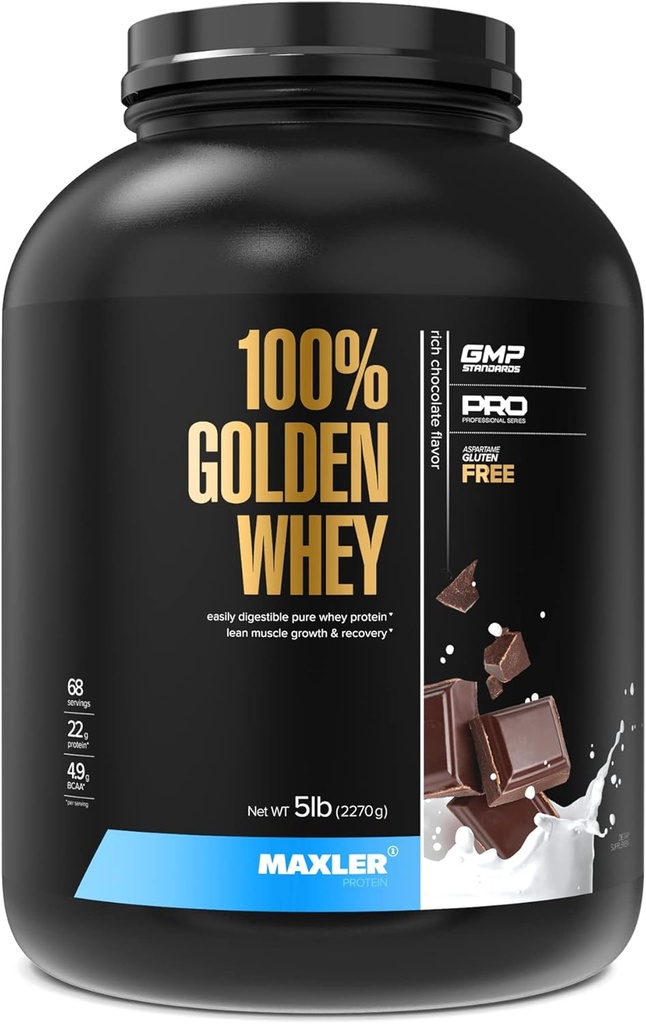 Maxler 100% Golden Whey - 22g de protéines par portion - Protéines élevées, faibles en gras, faibles en glucides, profil complet de l'acide amino - Protéines riches en chocolat 5 lb