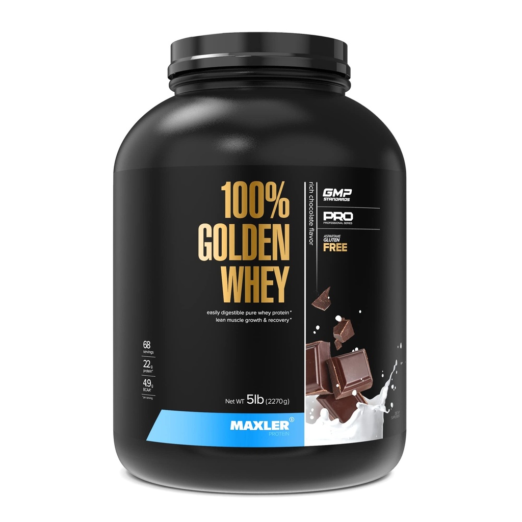Maxler 100% Golden Whey - 22g de protéines par portion - Protéines élevées, faibles en gras, faibles en glucides, profil complet de l'acide amino - Protéines riches en chocolat 5 lb