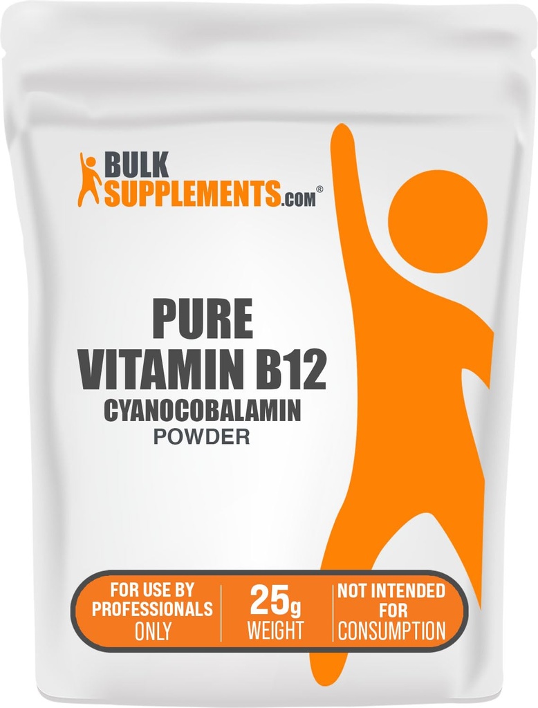 BulkSupplements.com Poudre de vitamine pure B12 - sous forme de cyanocobalamine, suppléments de vitamine B, supplément de cyanocobalamine B12 - produit pur, portions multiples, 25g (0,88 oz) (paquet de 1)