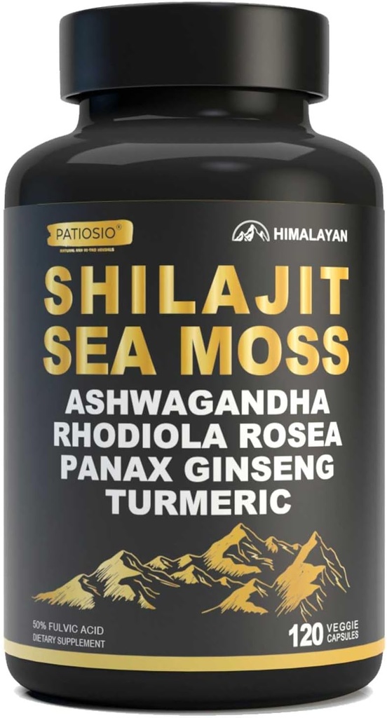 Capsules Shilajit pour Homme - Acide Fulvic 50%, 85+ Trace Minerals Pure Himalayan, Extrait de résine Shilajit avec Moss de Mer, Ashwagandha-pour Énergie, Stamina -120 Capsules