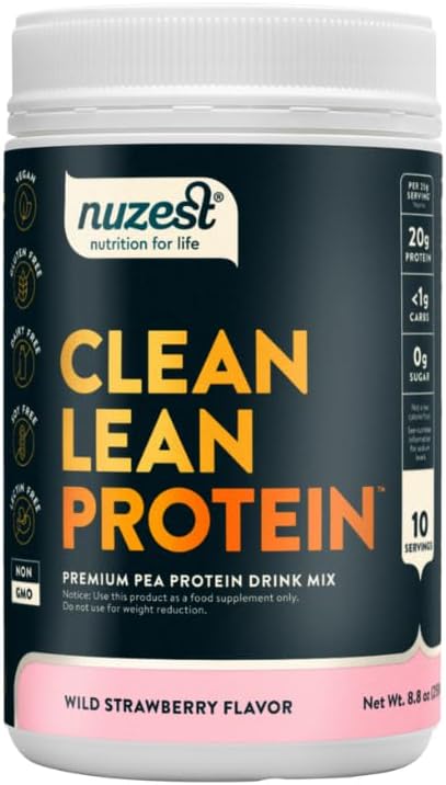 Nuzest - Poudre de protéines de pois végétaliens - Protéines de lean propres, poudre de protéines à base de plantes premium, sans produits laitiers, sans gluten, sans OGM, agitée de protéines, fraise sauvage, 10 portions, 8,8 oz
