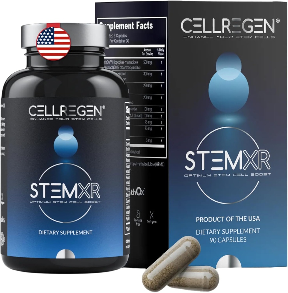 StemXRTM Stem Cell Activator & Circulation Booster – Supplément de cellules souches pour les hommes et les femmes – Algae Vert Bleu, Longévité, Vitalité, Anti-Age, Energy & Performance Support – 90 Capsules