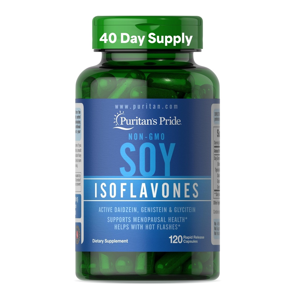 Puritan's Pride non-GMO Soy Isoflavones 750mg, complément alimentaire avec Daidzein actif, Genistein, et Glycitein soutient la ménopause et les flashs chauds, 120 capsules de libération rapide