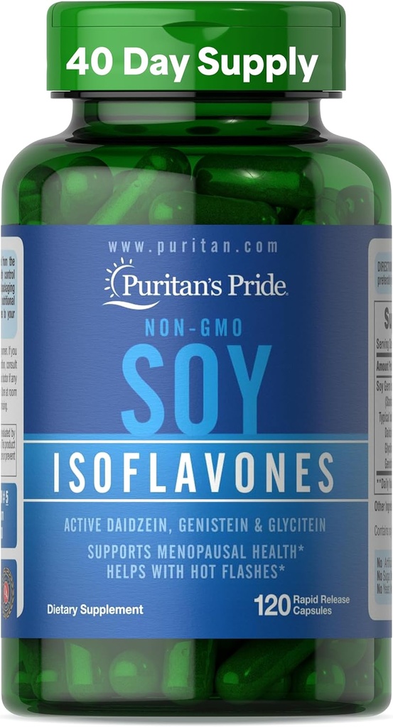 Puritan's Pride non-GMO Soy Isoflavones 750mg, complément alimentaire avec Daidzein actif, Genistein, et Glycitein soutient la ménopause et les flashs chauds, 120 capsules de libération rapide