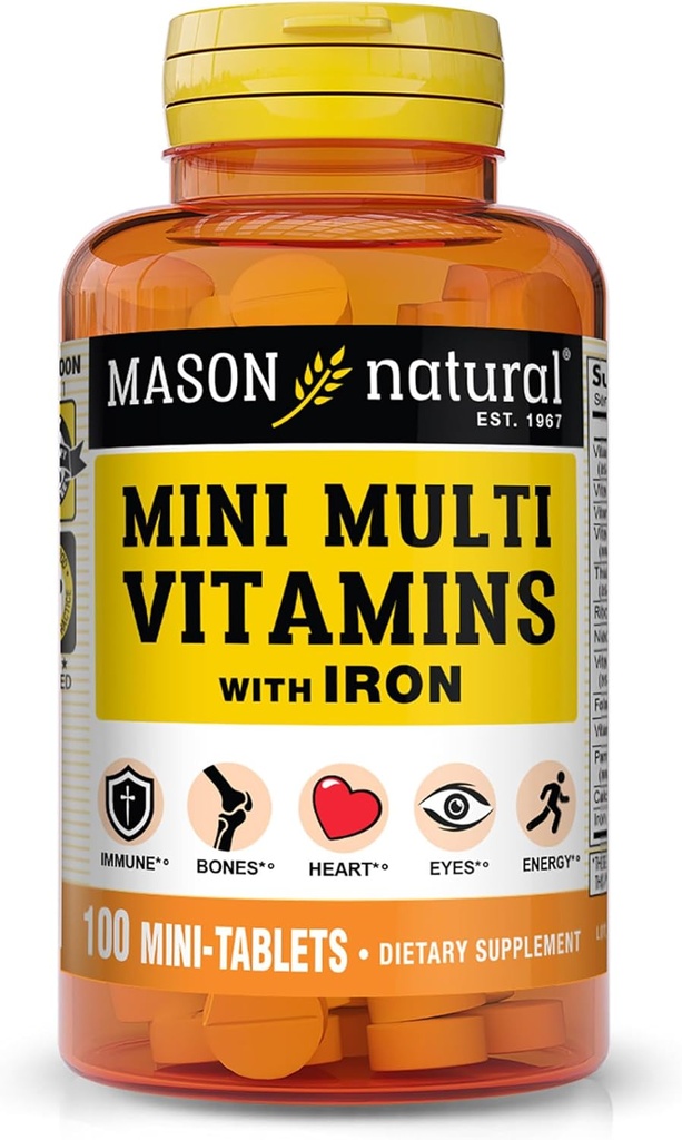 MASON NATURAL quotidien Mini multivitamines avec fer, vitamines A, C, D, E, B1, B2, B3, B6, B12, Folate et calcium, 100 jours d'approvisionnement (1 paquet)