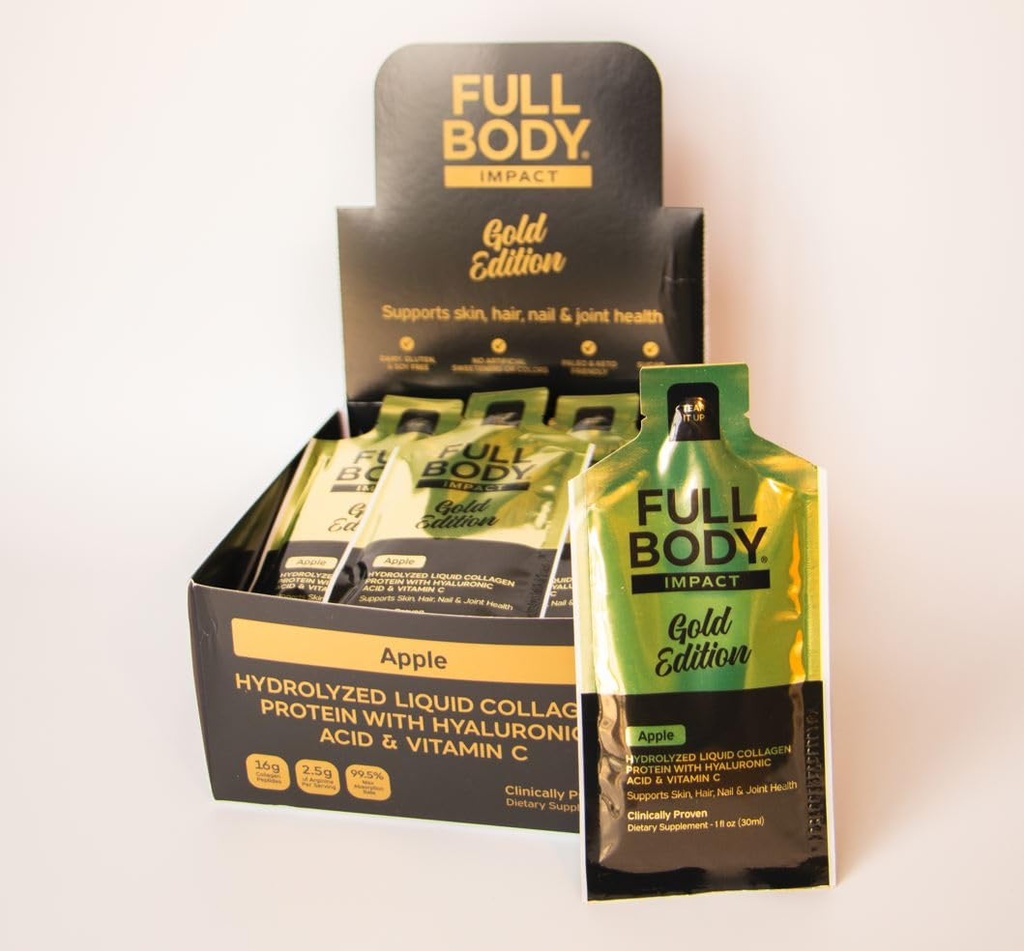 Protéine de collagène liquide avec acide hyaluronique et vitamine C - Édition d'or (Apple), 16 000 mg (16g) Supplément de peptides de collagène hydrolysé - 1 oz Packets (boîte de 24)
