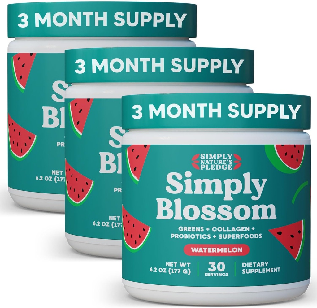 Simply Blossom Nutrition Daily Greens & Superfood Powder + Collagen + Probiotiques pour la santé digestive des femmes & Bloating Relief. Aidez votre santé Bloom - Approvisionnement de 3 mois - Pastèque
