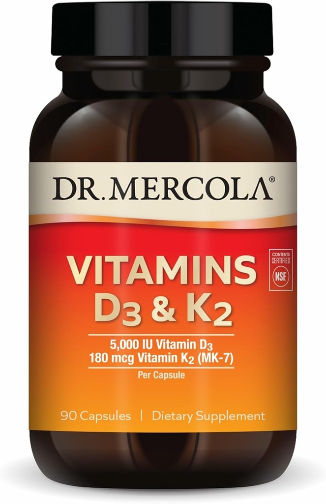 Dr Mercola Vitamines D3 & K2 Supplément diététique, 90 portions (90 capsules), soutient la santé cardiaque, le soutien immunitaire, non OGM, sans soja, sans gluten