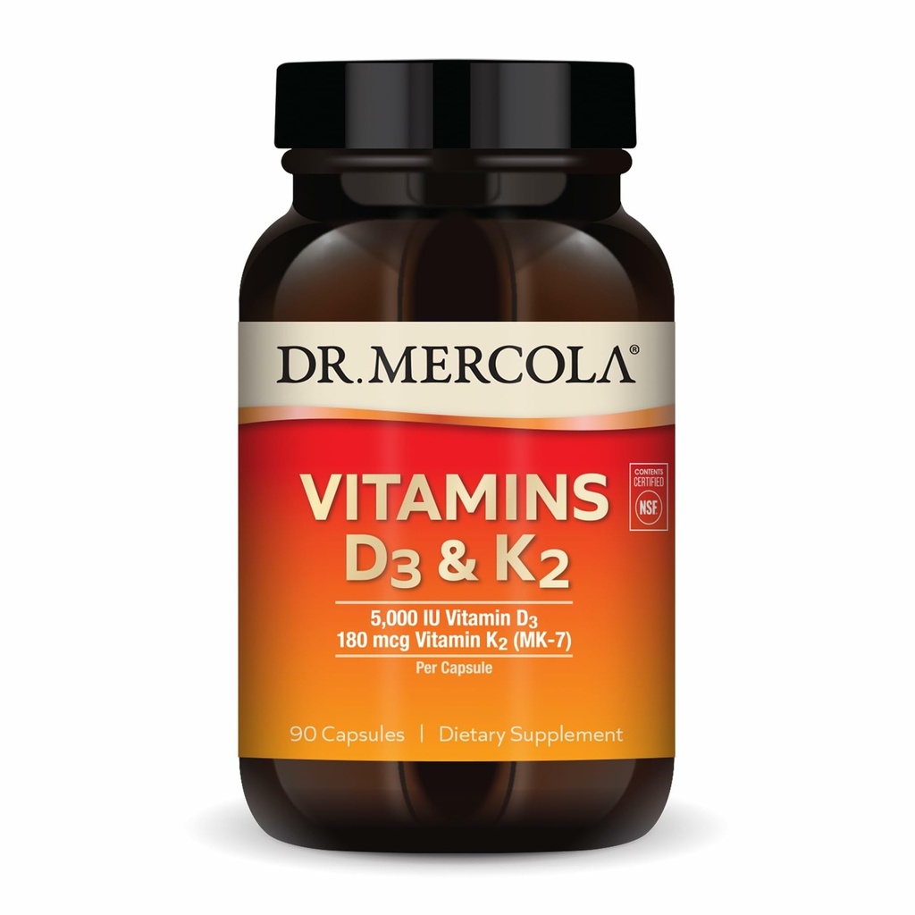 Dr Mercola Vitamines D3 & K2 Supplément diététique, 90 portions (90 capsules), soutient la santé cardiaque, le soutien immunitaire, non OGM, sans soja, sans gluten