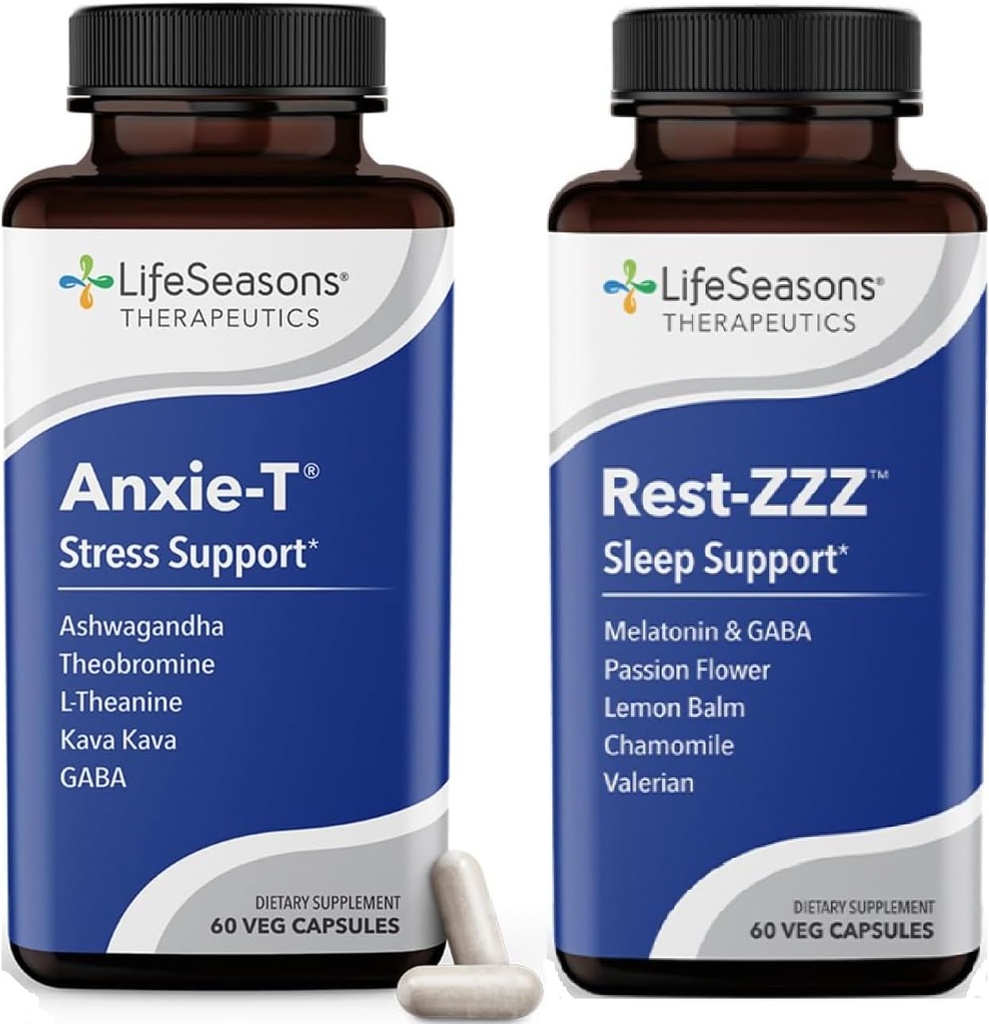 LifeSeasons Anxie-T avec Rest-ZZ - Supports Mood & Full Night's Sleep - Maintenance musculaire naturellement facile et agitation - 120 Capsules
