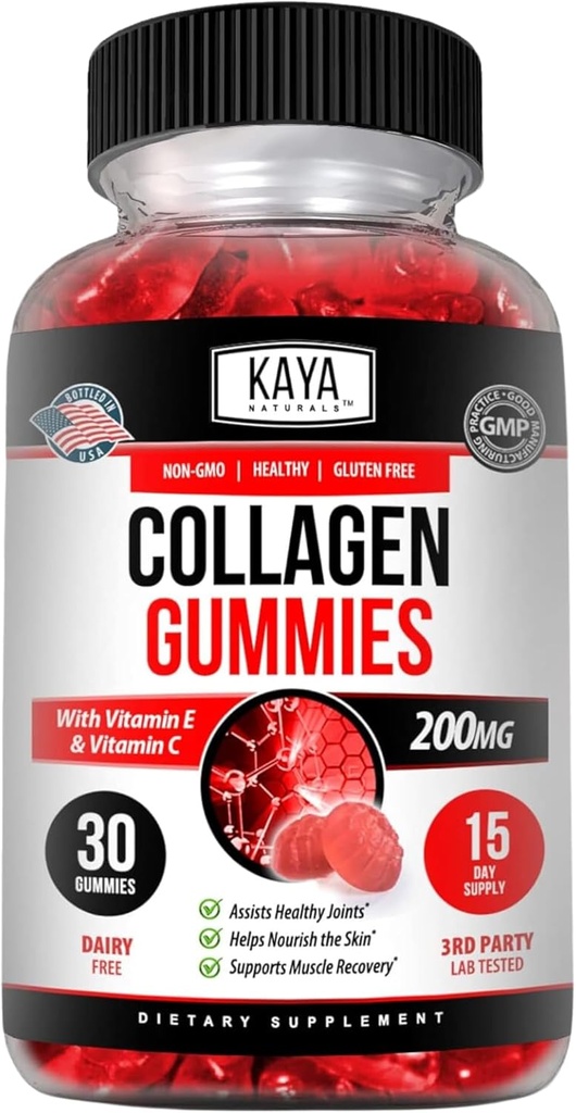 Kaya Naturals Gommies collagènes pour hommes et femmes Supplément de la nature faite Gommies - 1000mg de collagène hydrolysé, vitamine C, sélénium et biotine, goût de fraise - 30 Nombre
