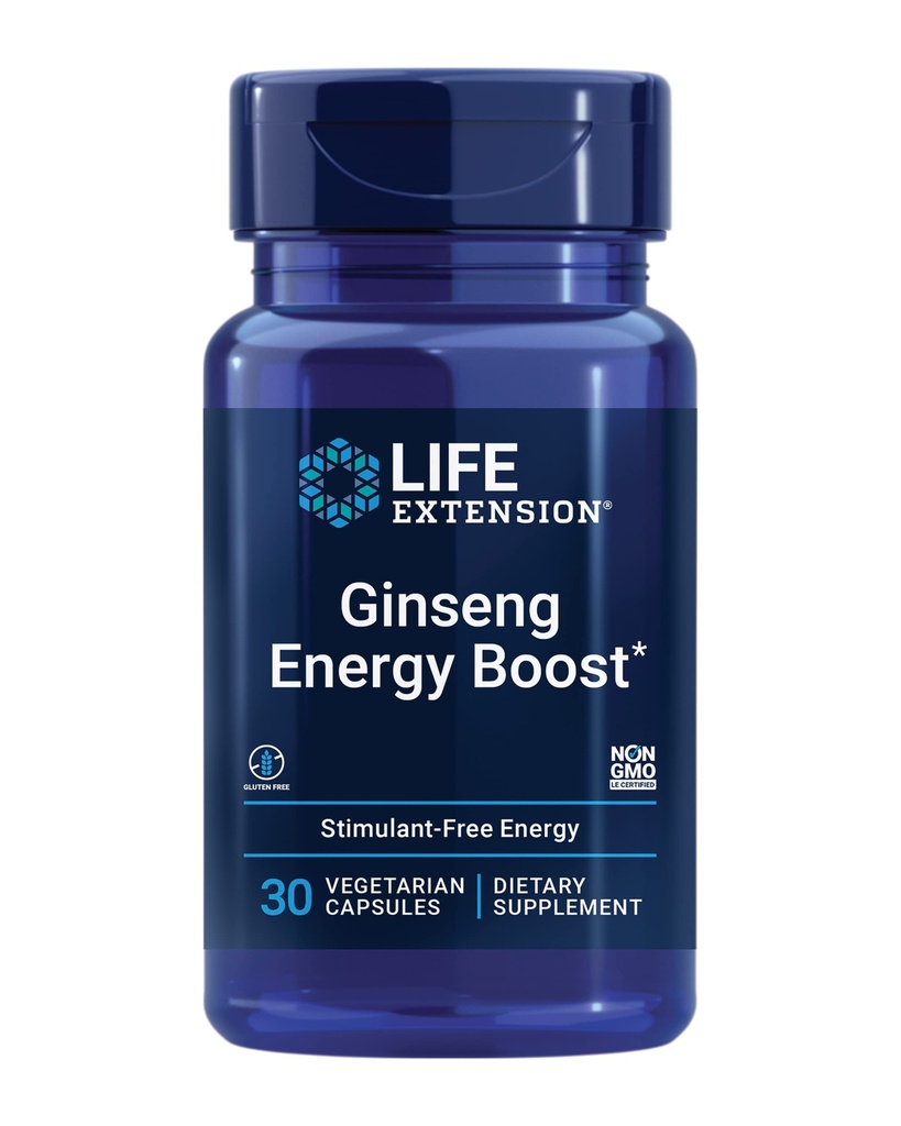 Prolongation de vie Ginseng Energy Boost, Soutien énergétique, Gestion du stress sain, Sans gluten, Non-OGM, Végétarien, 30 Capsules