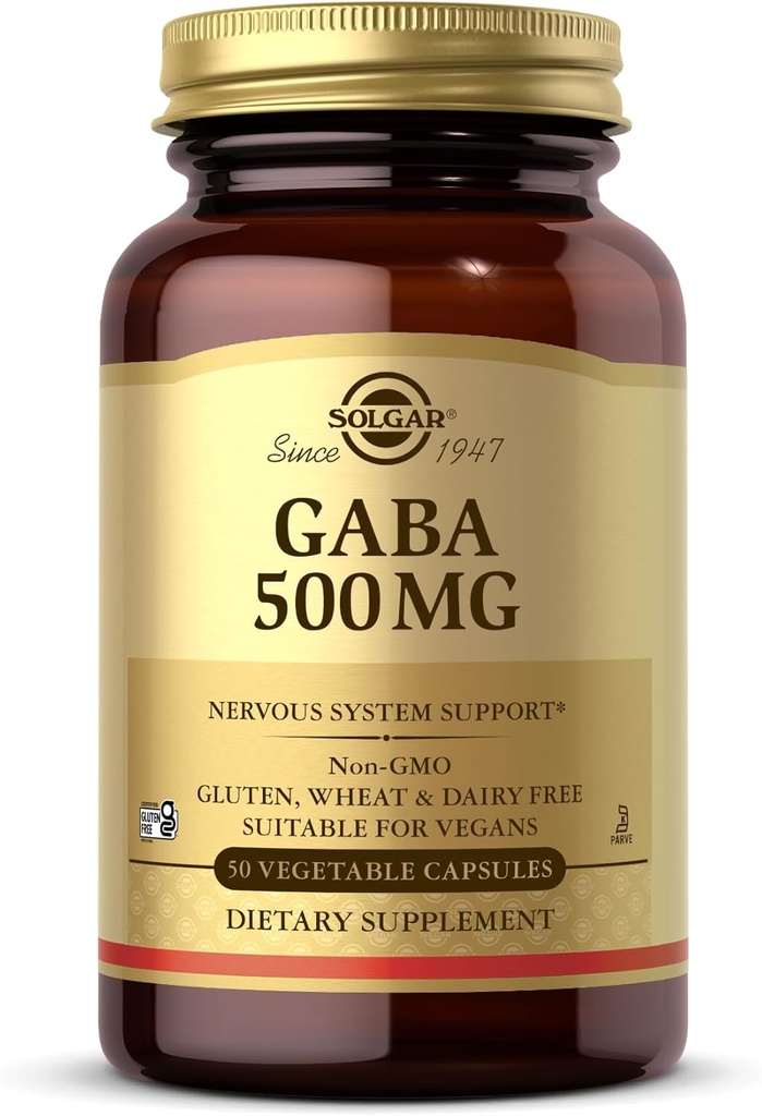 Solgar GABA 500 mg, 50 capsules végétales - Relaxation et soutien du système nerveux - Acid Amino - Non-OGM, végétalien, sans gluten, sans laiterie, casher - 50 portions