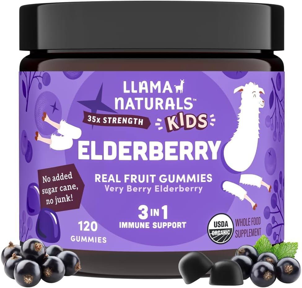 Llama Naturals Gummies pour les enfants, Végétalien, Supplément de soutien aux immunes biologiques avec vitamine C et zinc, Vitamines Gummy de fruits pour l'immunité, No Added Sugar Cane, 120 Ct