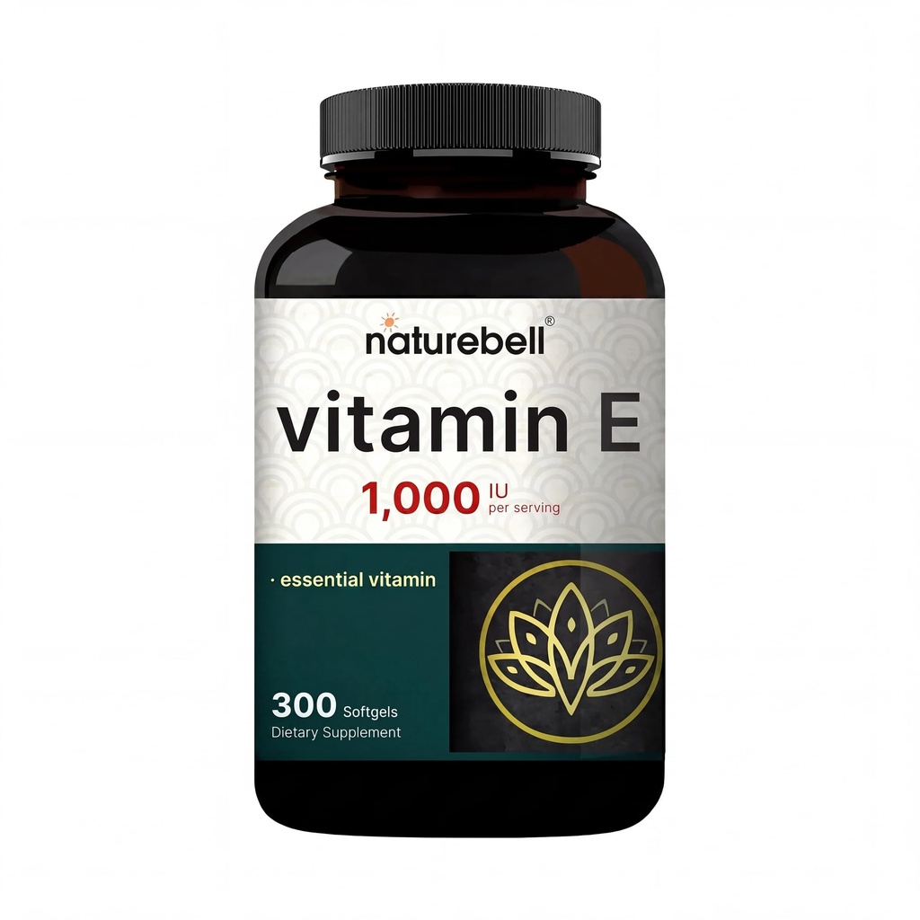 NatureBell Huile Vitamine E Softgels, 1000 UI par portion, 300 pilules. Suppléments antioxydants essentiels, forme facilement absorbée – soutient la peau, le coeur et la santé immunitaire – non-OGM