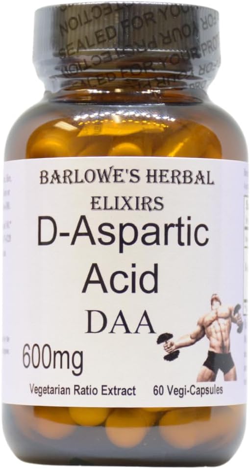 Barlowe's Herbal Elixirs D-Aspartic Acid Supplement (Acide D-Aspartique) $ 600 mg Par Capsule $ 60 Capsules de légumes $ Performance athlétique $ Stearate Free $ Bouteille en verre