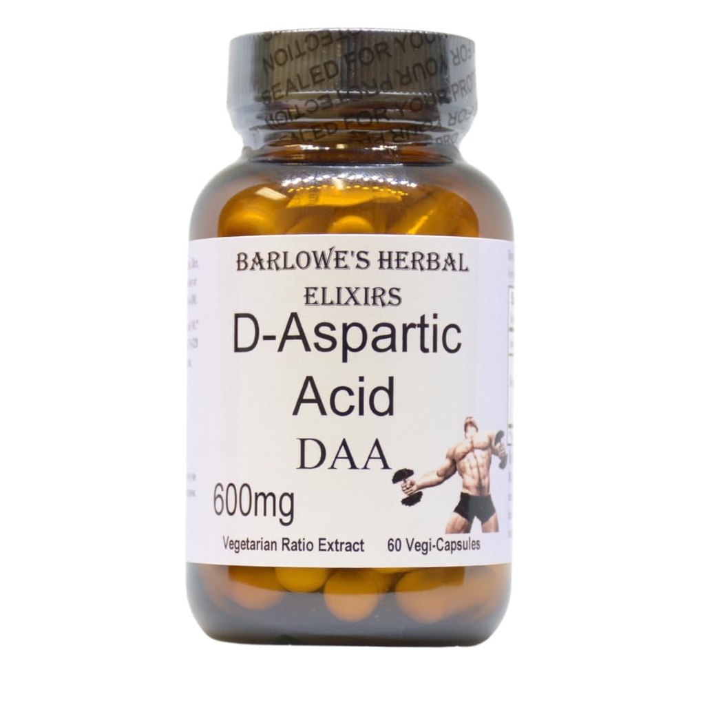 Barlowe's Herbal Elixirs D-Aspartic Acid Supplement | DAA | 600 mg Per Capsule | 60 Veggie Capsules | Athletic Performance | Stearate Free | Glass Bottle