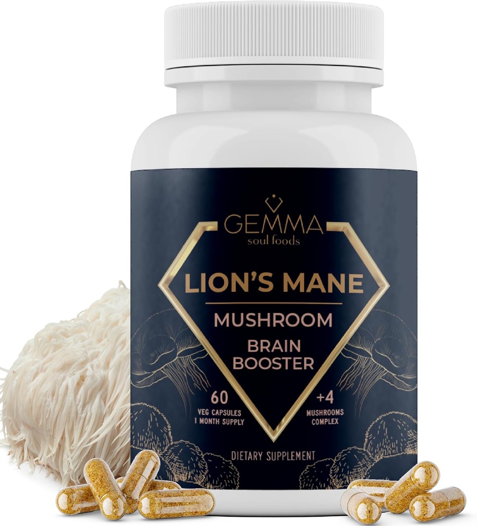 Gemma Soul Foods Bio Lion's Mane Mushroom Complex - Supplément Lions non-OGM Mane Non Tropic Chaga Shiitake et Reishi Focus Supplément 60 Caps