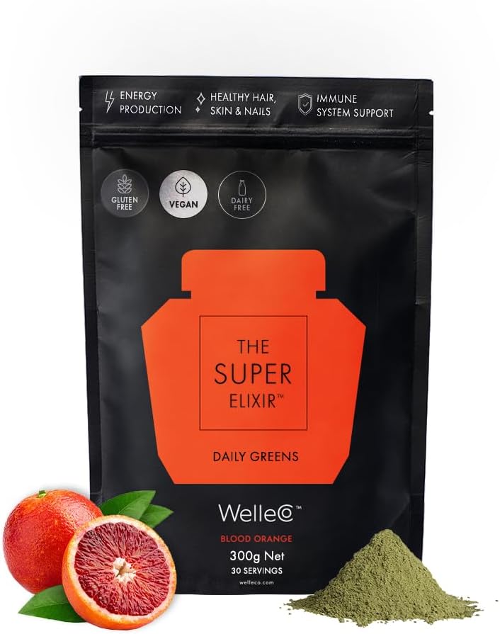 WelleCo The Super Elixir, Daily Greens Powder with Probiotics, Superfoods & Whole Foods, Blood Orange Drink Mix for Gut Health, Immunity, Energy, Skin & Hair, 10.5oz Jar