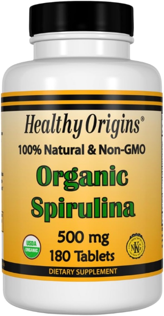 Origines saines Spiruline, 500 mg (organique) - Comprimé de Spiruline biologique avec vitamine A et vitamine B12 - certifié Casher - Pilule de Spiruline végétalienne, non-OGM et sans gluten - 180 comprimés