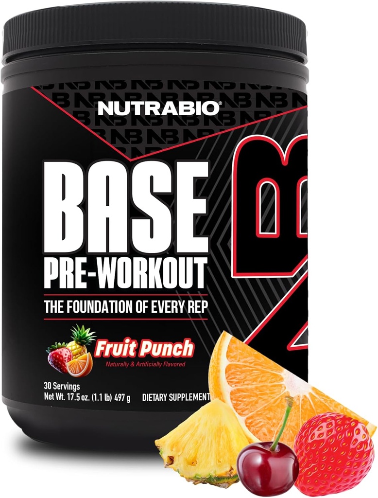 NutraBio Base Pre-Workout Powder 200mg Caffiene, Sustained Energy, Focus, Endurance, Pump, Sugar Free, Clean Preworkout for Men and Women - Beta Alanine, L-Tyrosine, 30 Servings - Fruit Punch