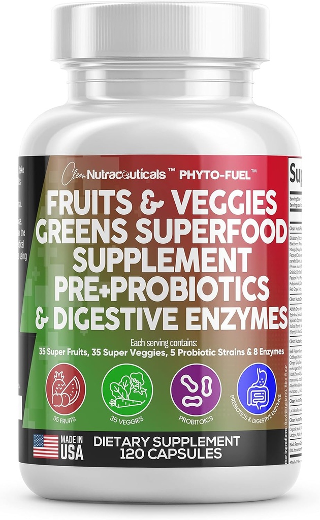 Nettoyer les nutraceutiques Fruits et légumes Supplément Rouges et vert Superfood - Balance de plus de 70 suppléments de fruits et légumes Capsules avec probiotiques Prébiotiques Enzymes digestifs - 120 Ct USA