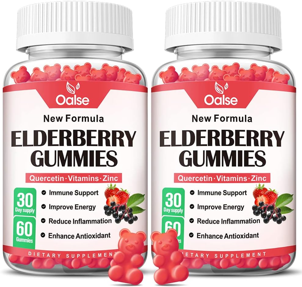 Gummées de mûre aînée biologique pour les enfants et les adultes - Sambucus Gummées de mûre aînée noire + Zinc et vitamine C & D3 Soutien immunitaire Défense musculaire Force santé dentaire [60 comte (paquet de 2)]