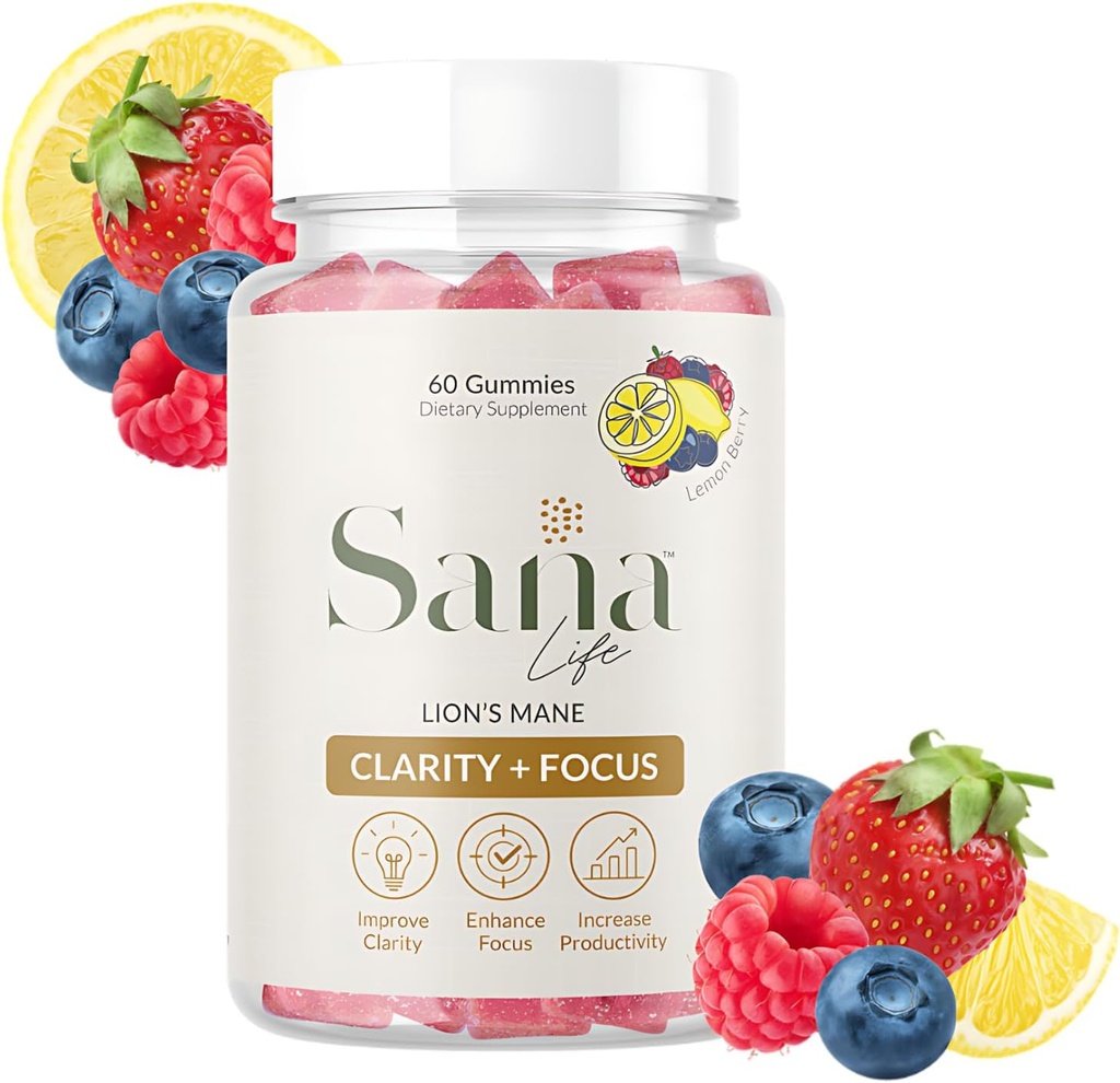 Organic Lion's Mane Mushroom Supplement Gummies - Daily Brain Health Boost for Clarity, Focus & Productivity - Delicious Lemon Berry Flavor - 30 Servings