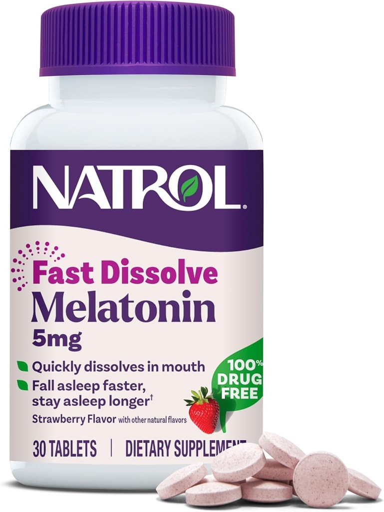 Natrol rapide Dissolve Mélatonine 5 mg, suppléments de mélatonine pour le sommeil reposant, soutien du sommeil pour les adultes, 30 comprimés aromatisés aux fraises, jusqu'à 30 jours d'approvisionnement