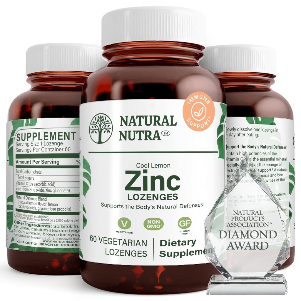 Losanges naturelles de zinc Nutra avec vitamine C, Saveur de citron, Soutien immunitaire, système nerveux et force osseuse, Fortifiée avec bioflavonoïdes et propolis d'abeille, Gluconate de zinc sublingual, 60 Végétarien