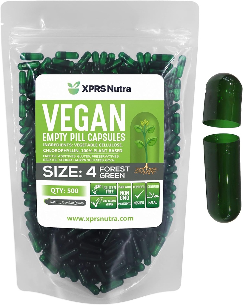 XPRS Nutra Taille 4 Capsules vides - 500 Compter Petites Capsules Vegan vides - Bricolage Gélule végétale Remplissage - Remplir Do-It-Youlf Veggie Pill Caps pour Suppléments (Vert Forest)
