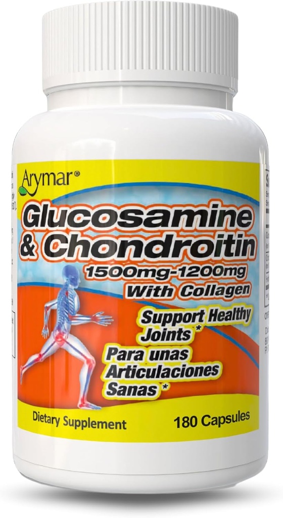 ARYMAR Glucosamine et chondritine avec collagène, soutient la santé articulaire (180 capsules/paquet de 1)