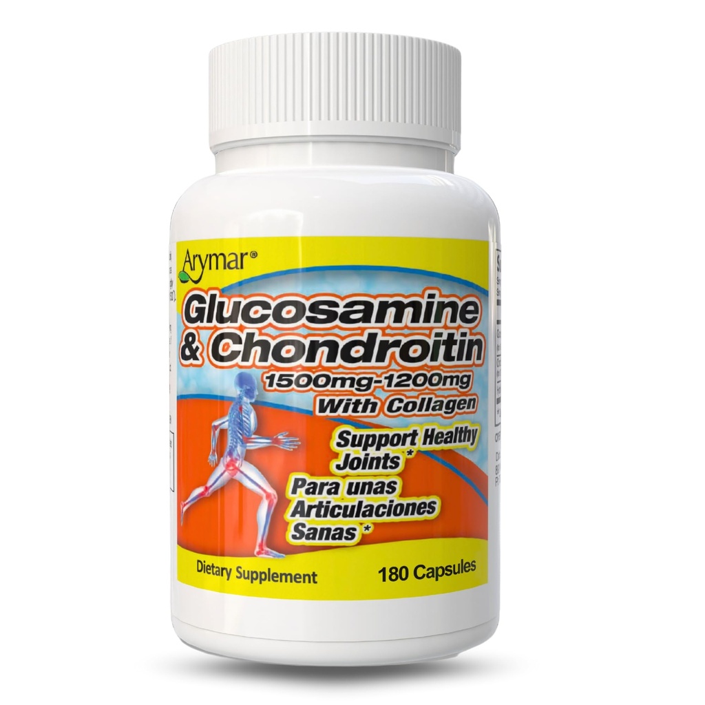 Arymar Glucosamine 1500 mg et Chondroïtine 1200 mg avec Collagène – Supplément Santé Joint – 90 Capsules (2, 180 Capsules)