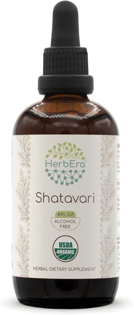 HerbEra Shatavari B120 USDA Organic Tincture | Alcohol-Free Extract, High-Potency Herbal Drops | Certified Organic Shatavari (Asparagus racemosus) Dried Root (4 oz)
