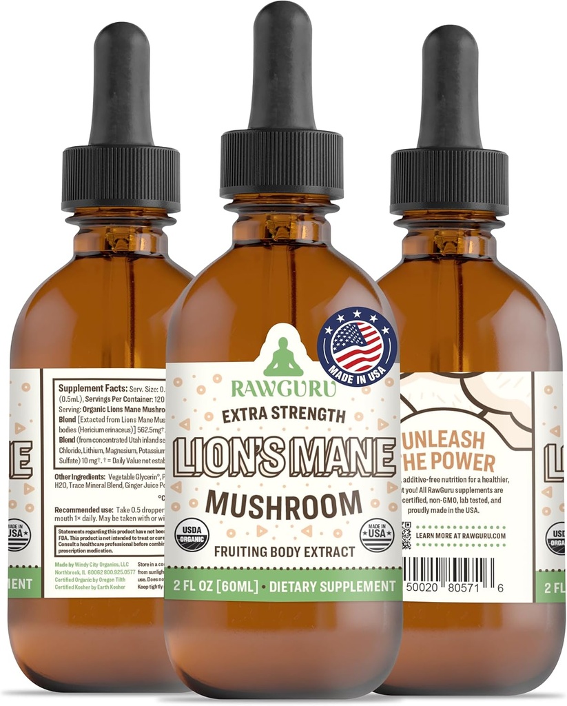 Teinture de champignons de la Mane de Lion RawGuru - Extrait de la Mane de Lion végétalien avec des minéraux traces - Boost Immunity nano-processé & Supplément cognitif - 120 portions de gouttes de végétalien par 60 ml, paquet de 1