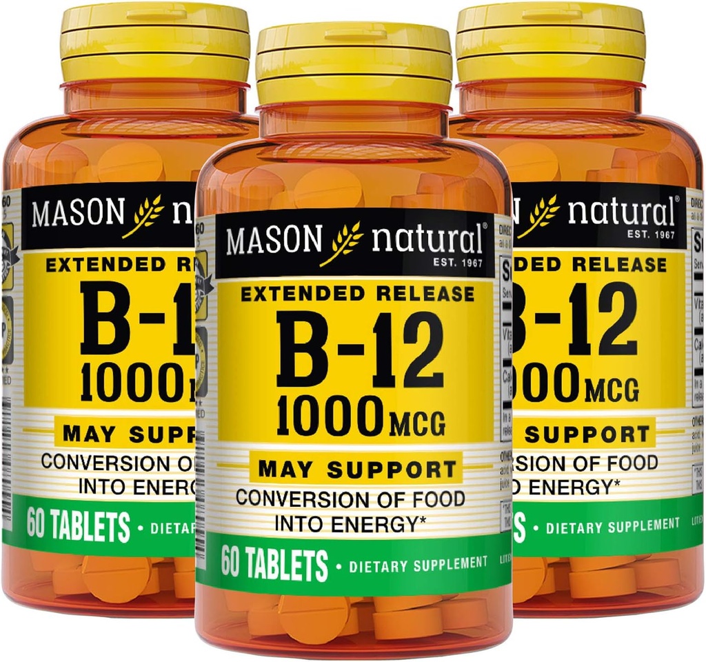 MASON NATURAL B-12 1000Mcg Cyanocobalamin Extended Release Tablets, 60-Count Bottles (Pack of 3)